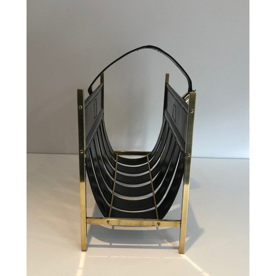 Image 1 of Porte-revues vintage en laiton et cuir par Jacques Adnet, 1940