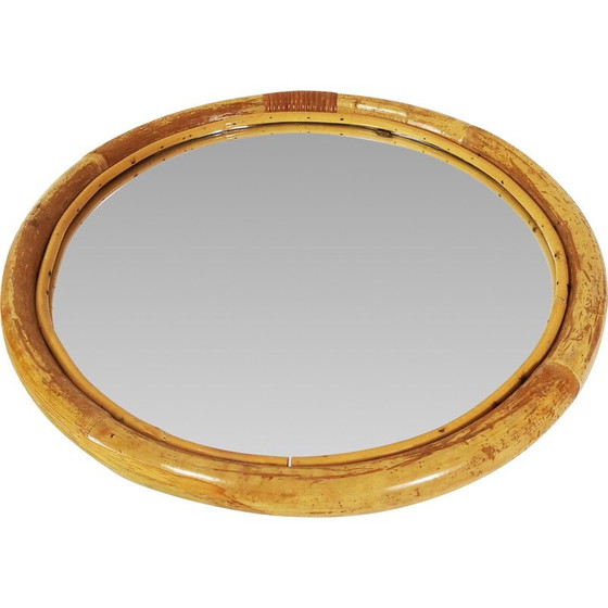 Image 1 of Miroir mural rond vintage dans un cadre en bambou incurvé, Allemagne 1970
