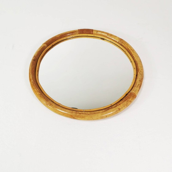 Image 1 of Miroir mural rond vintage dans un cadre en bambou incurvé, Allemagne 1970