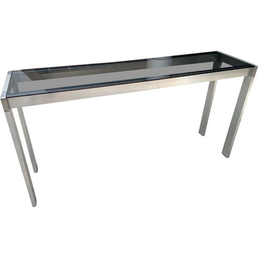 Table console vintage en acier inoxydable et verre fumé par Gae Aulenti, 1970