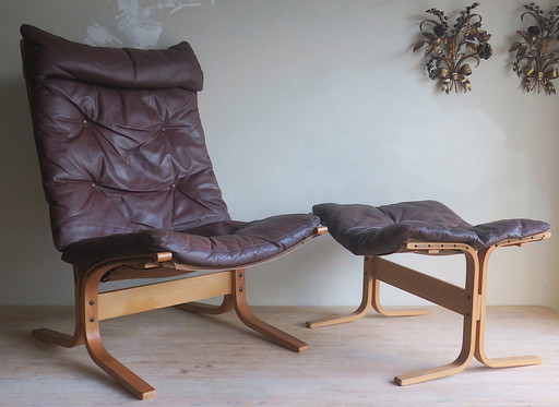 Chaise de sieste et ottoman en cuir brun du Mid Century par Ingmar Relling, Norvège 1960S