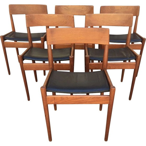Image 1 of Ensemble de 6 chaises vintage en cuir et teck Grete Jalk 1960