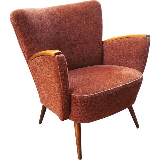 Image 1 of Fauteuil allemand vintage en velours rouge et bois 1950