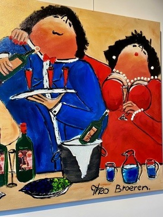 Image 1 of Theo Broeren "Avondje Uit" - Peinture originale sur toile - 100Cm X 160Cm - Avec certificat d'authenticité