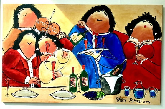 Image 1 of Theo Broeren "Avondje Uit" - Peinture originale sur toile - 100Cm X 160Cm - Avec certificat d'authenticité