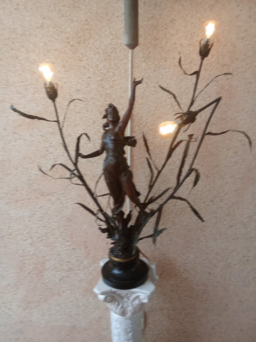 Lampe de table originale Art Nouveau, 80 cm, 3 flammes à intensité variable, bronze