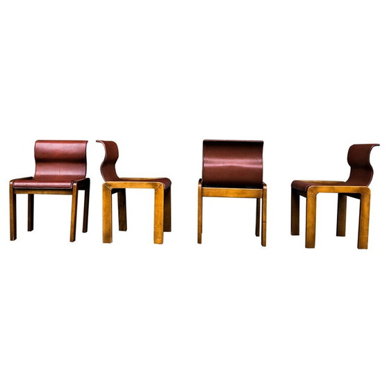 Image 1 of Ensemble de 4 chaises vintage en cuir et contreplaqué par Tobia et Afra Scarpa, Italie 1966