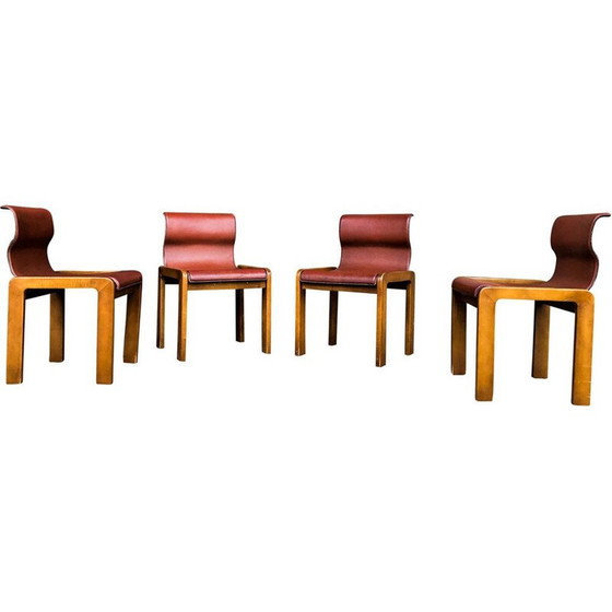 Image 1 of Ensemble de 4 chaises vintage en cuir et contreplaqué par Tobia et Afra Scarpa, Italie 1966