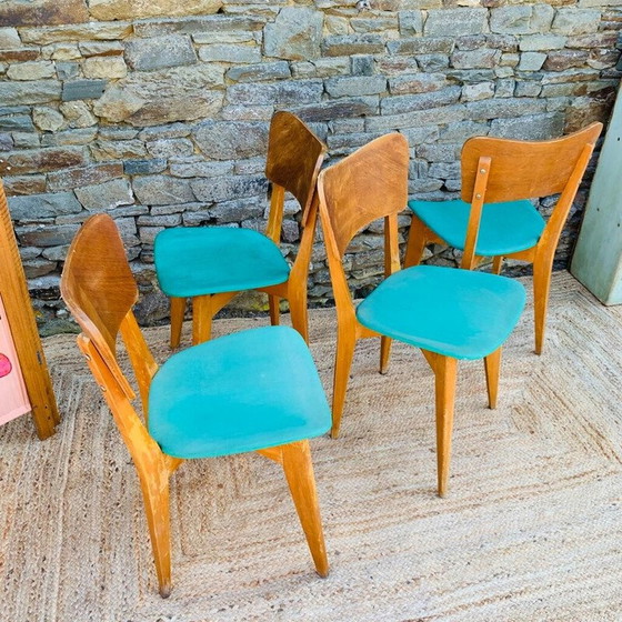 Image 1 of Ensemble de 4 chaises en bois vintage en vinyle