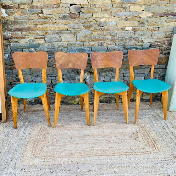 Image 1 of Ensemble de 4 chaises en bois vintage en vinyle