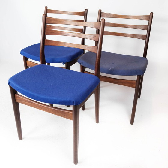 Image 1 of Ensemble de 3 chaises vintage en teck et tapisserie bleu foncé, Danemark 1960