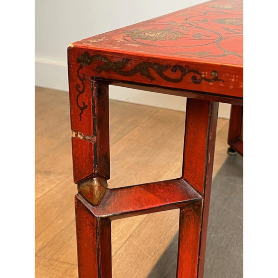 Image 1 of Table basse vintage en laque rouge avec décoration chinoise dorée, 1970