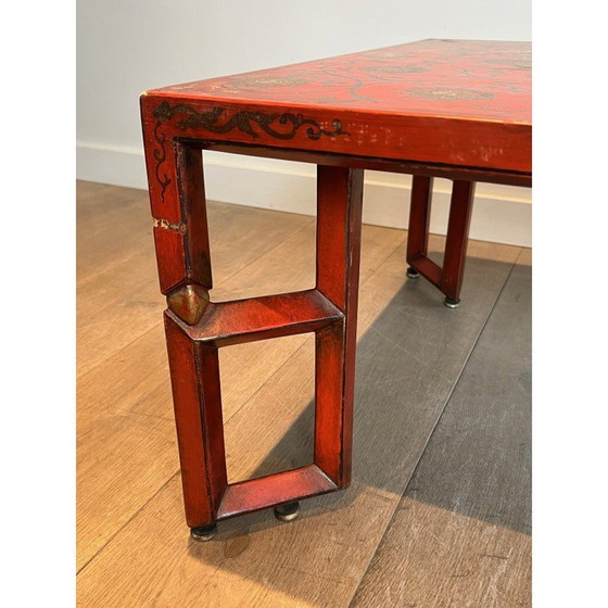 Image 1 of Table basse vintage en laque rouge avec décoration chinoise dorée, 1970