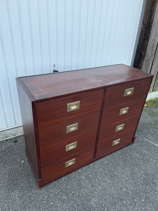 Commode Mid Century En Bois De Teck Et Laiton Doré Dans Le Style De Henredon