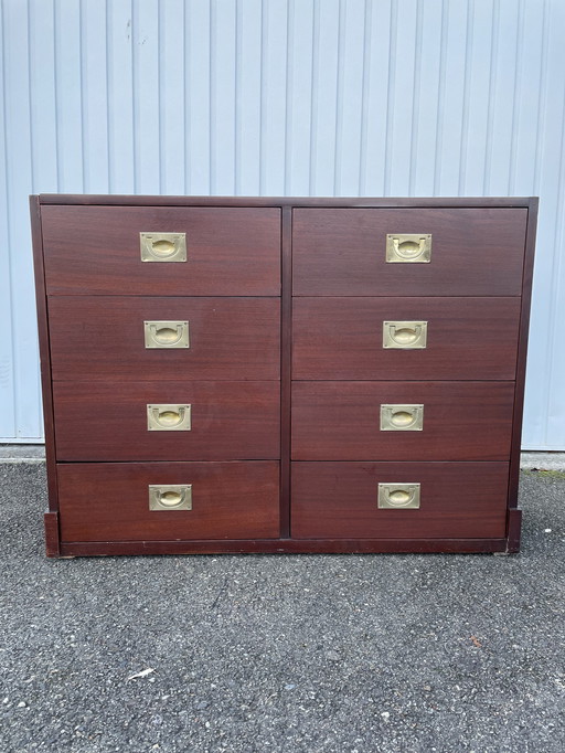 Commode Mid Century En Bois De Teck Et Laiton Doré Dans Le Style De Henredon