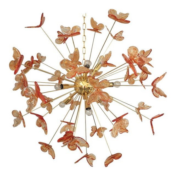 Image 1 of Lustre Sputnik contemporain en verre de Murano rouge et papillon