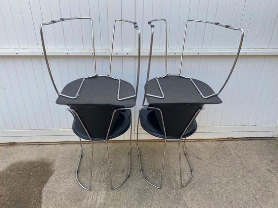 Image 1 of Lot De 4 Fauteuils Chaises Linda De Arrben Cuir Noir Armature Acier Chromé Vintage 1980