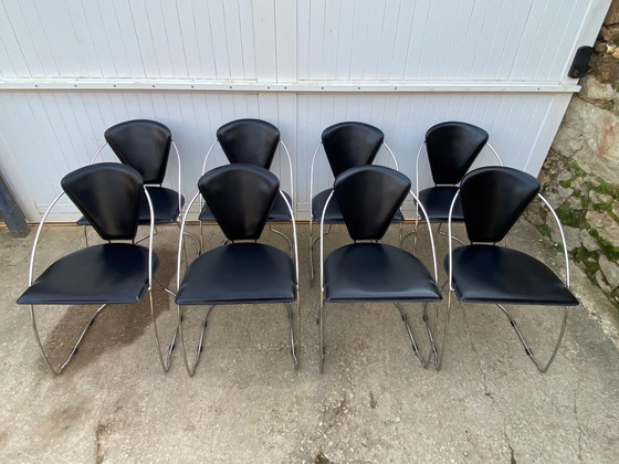 Image 1 of Lot De 4 Fauteuils Chaises Linda De Arrben Cuir Noir Armature Acier Chromé Vintage 1980