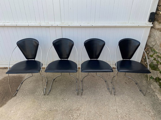 Lot De 4 Fauteuils Chaises Linda De Arrben Cuir Noir Armature Acier Chromé Vintage 1980