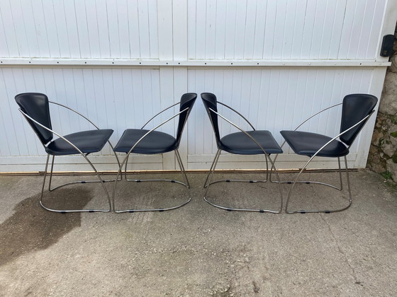 Image 1 of Lot De 4 Fauteuils Chaises Linda De Arrben Cuir Noir Armature Acier Chromé Vintage 1980