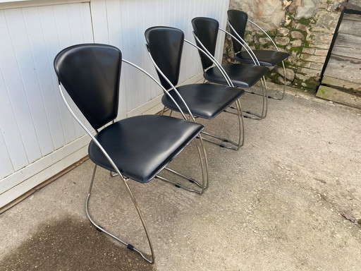 Lot De 4 Fauteuils Chaises Linda De Arrben Cuir Noir Armature Acier Chromé Vintage 1980