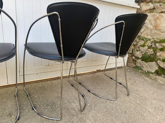 Image 1 of Lot De 4 Fauteuils Chaises Linda De Arrben Cuir Noir Armature Acier Chromé Vintage 1980