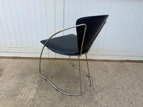 Image 1 of Lot De 4 Fauteuils Chaises Linda De Arrben Cuir Noir Armature Acier Chromé Vintage 1980