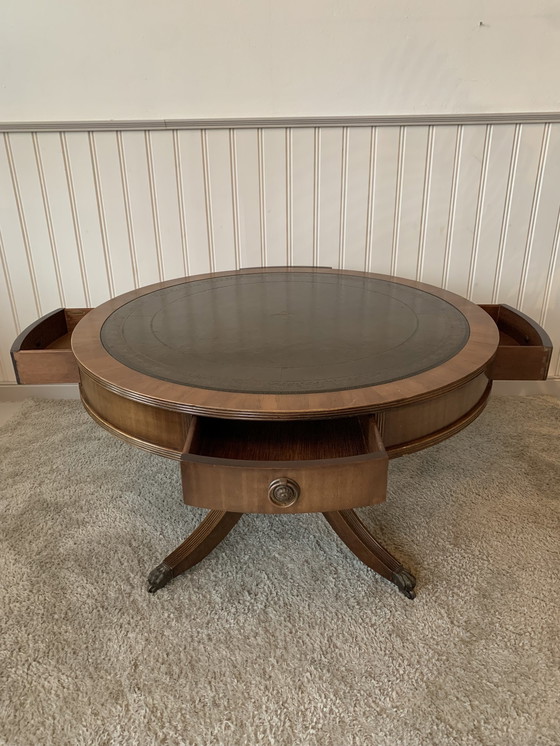 Image 1 of English Bevan Funnell Reprodux Leather Top Drum Table (Table tambour en cuir)