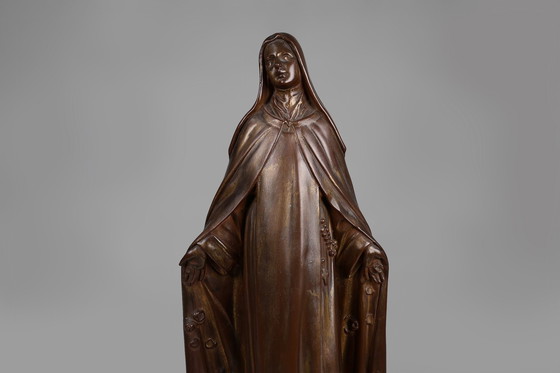 Image 1 of Grande statue de Sainte Marie en plâtre peint en bronze, Belgique, années 1930