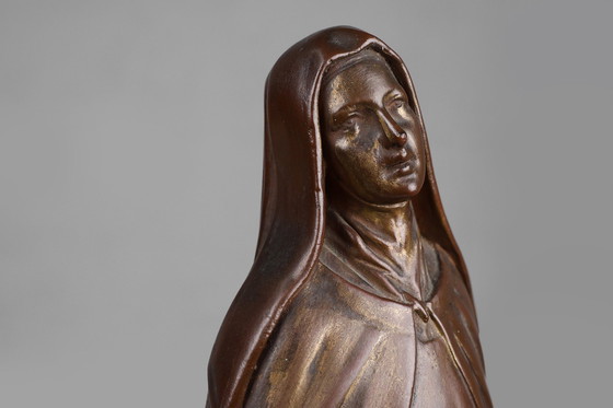 Image 1 of Grande statue de Sainte Marie en plâtre peint en bronze, Belgique, années 1930
