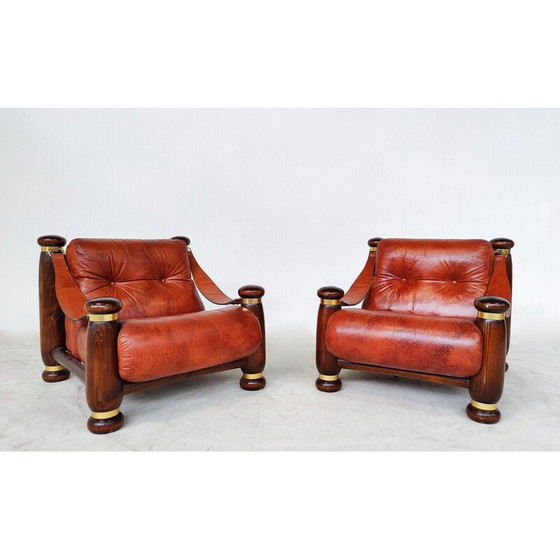 Image 1 of Ensemble de salon en cuir et bois du Mid Century, Italie 1970