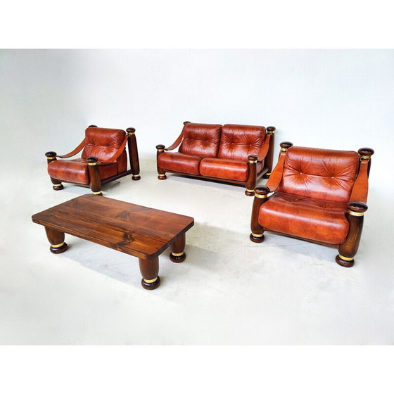 Image 1 of Ensemble de salon en cuir et bois du Mid Century, Italie 1970