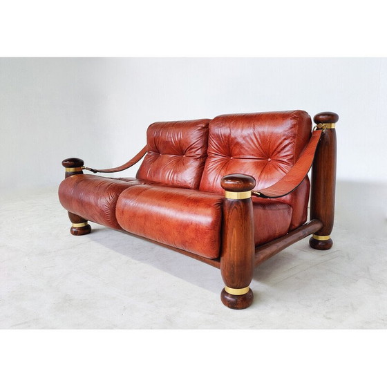 Image 1 of Ensemble de salon en cuir et bois du Mid Century, Italie 1970