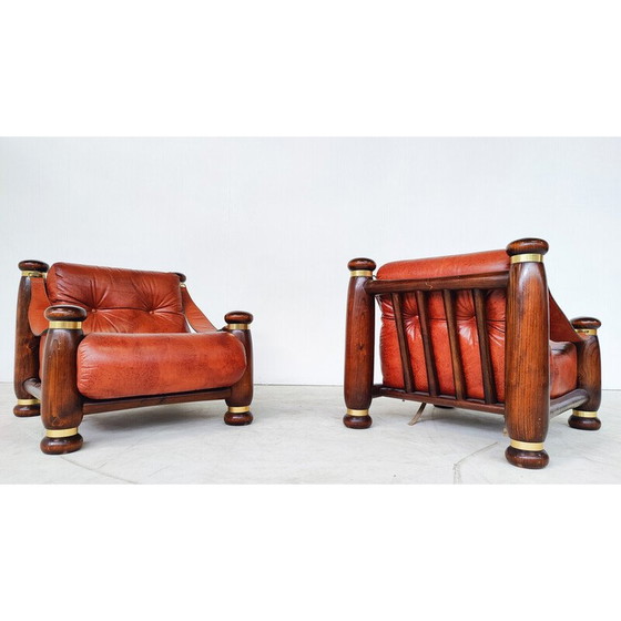 Image 1 of Ensemble de salon en cuir et bois du Mid Century, Italie 1970