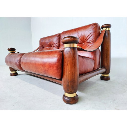 Ensemble de salon en cuir et bois du Mid Century, Italie 1970