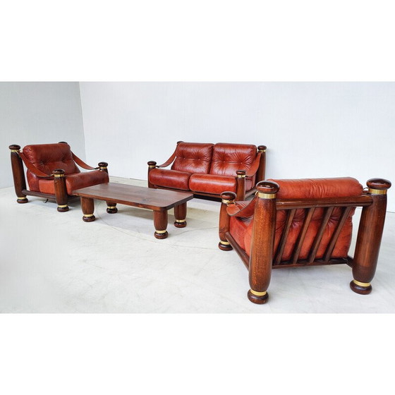 Image 1 of Ensemble de salon en cuir et bois du Mid Century, Italie 1970