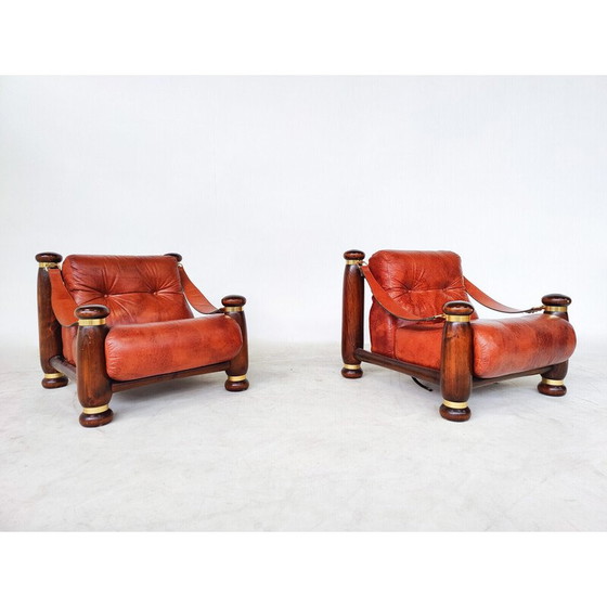 Image 1 of Ensemble de salon en cuir et bois du Mid Century, Italie 1970