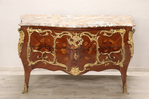 Majestueuse commode ancienne en bois, bronze doré et marbre