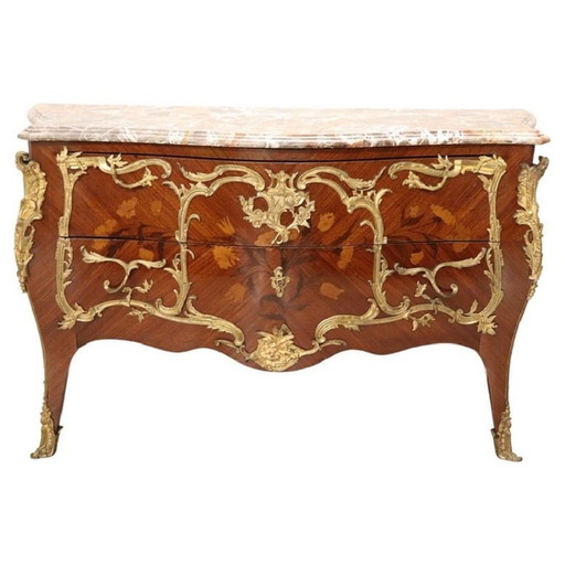 Majestueuse commode ancienne en bois, bronze doré et marbre