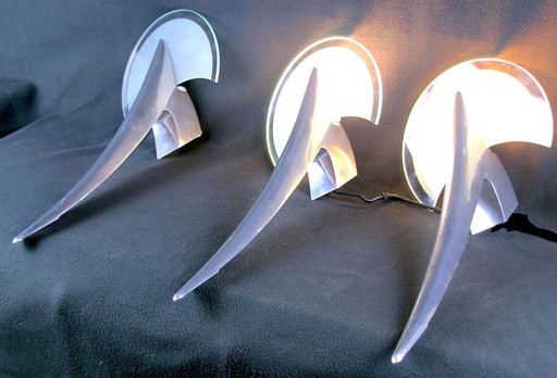 Taller Uno Metalarte Par Joan Auger, Trois Grandes Appliques Métal Chromé Et Verre, Espagne