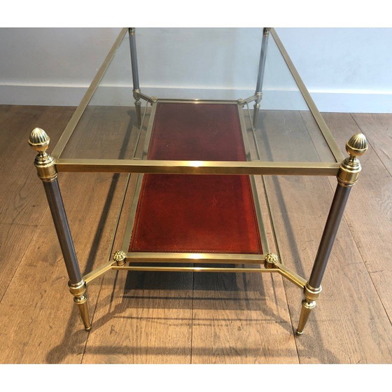 Image 1 of Table basse vintage en laiton avec plateau en cuir rouge par Jansen