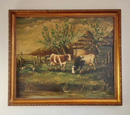 Dutch School (Xx) - Paysage avec ferme et vaches en pâturage