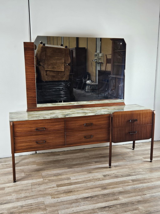 Commode en teck du Mid Century avec grand miroir et verre travaillé