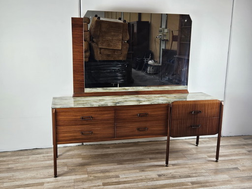 Commode en teck du Mid Century avec grand miroir et verre travaillé