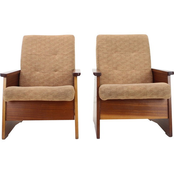 Image 1 of Paire de fauteuils vintage en bois et tissu, Tchécoslovaquie 1970
