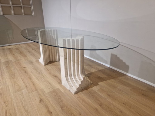 Table de salle à manger en travertin - Vintage - Verre - Design - 70'S