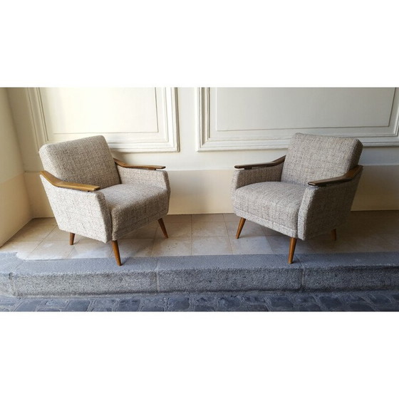 Image 1 of Fauteuil Mid Century en bois et tissu gris - années 1950