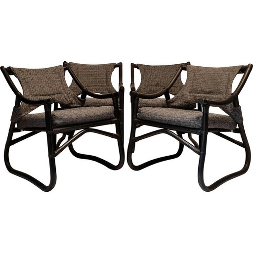 Ensemble de 4 fauteuils français vintage en bambou laqué, 1980