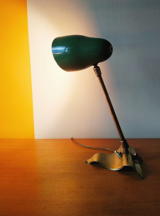 Image 1 of Lampe 1950 Vintage En Laiton Et Métal Laqué Vert Goût Mategot