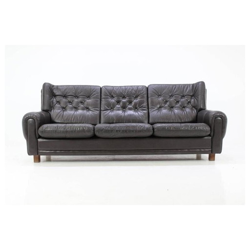 Canapé 3 places en cuir marron Mid Century - années 1960